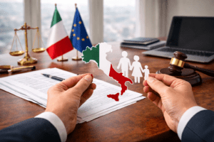 The visual includes the map of Italy, family figures symbolizing descent, and legal elements such as court documents, scales of justice