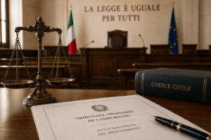 Italian citizenship by descent after Tajani Decree – courtroom scene with scales of justice, legal documents, and Italian civil law references during citizenship proceedings.