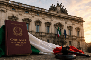 Italian citizenship by descent – Italian Constitution, national flag and Constitutional Court building during the debate on citizenship by descent reforms.