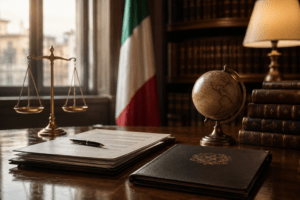 Elegant legal office setting with documents, scales of justice, and the Italian flag, symbolizing constitutional protection and legal pathways for Italian citizenship by descent applicants.