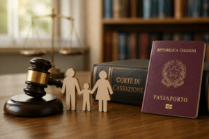 Italian citizenship minor issue illustrated with a family, judge's gavel, and Italian passport symbolizing citizenship by descent and the rights of minor children.