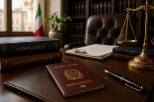 Italian citizenship by descent after Tajani Decree – Italian passport on a lawyer’s desk alongside legal documents, law books, and citizenship case materials.