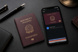 Italian Digital Passport Google Wallet: ID Pass explained with an Italian passport next to a smartphone displaying the digital ID Pass in Google Wallet.