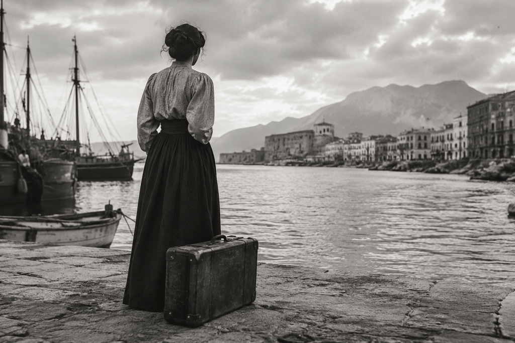 A woman in early 1900s Italian clothing stands alone at a Sicilian harbor, facing the sea with a vintage suitcase beside her. Her face is not visible. The atmosphere is melancholic and nostalgic, evoking emigration and the hope of a new life abroad. Old fishing boats, worn stone docks, and distant Sicilian architecture frame the scene. Black and white photography style, cinematic composition, soft natural light, realistic textures, subtle film grain, emotional and timeless mood. Photorealistic, no text, no modern elements.