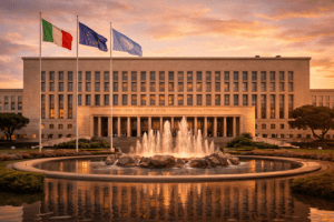 The Farnesina Palace stands in a perfectly symmetrical horizontal composition, immersed in the warm glow of sunset. The flags of Italy, the European Union, and the United Nations wave with understated elegance, symbolizing dialogue, cooperation, and international presence.