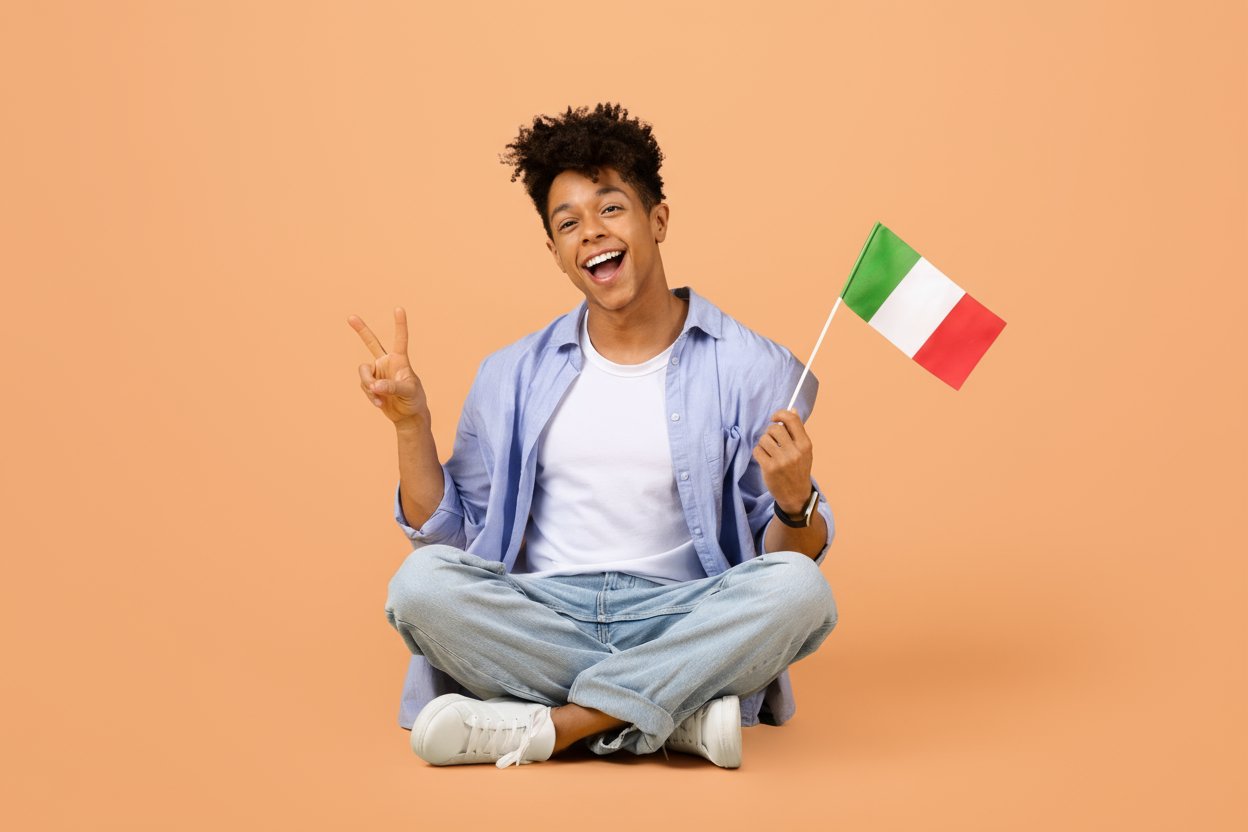 Cheerful man holding Italian flag, peace sign