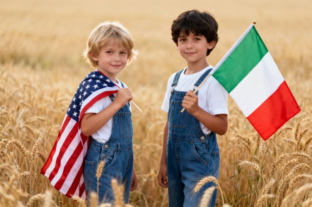 Children holding flags of America and Italy