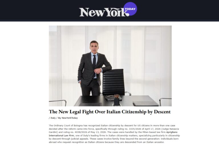 Italian citizenship by descent legal case featured by NewYorkToday with Aprigliano International Law Firm discussing Italian citizenship by descent.