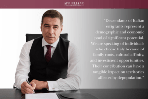 Attorney Aprigliano sits at a desk in his office. On the right side of the image, a large quotation in white text discusses the demographic and economic potential of descendants of Italian emigrants.