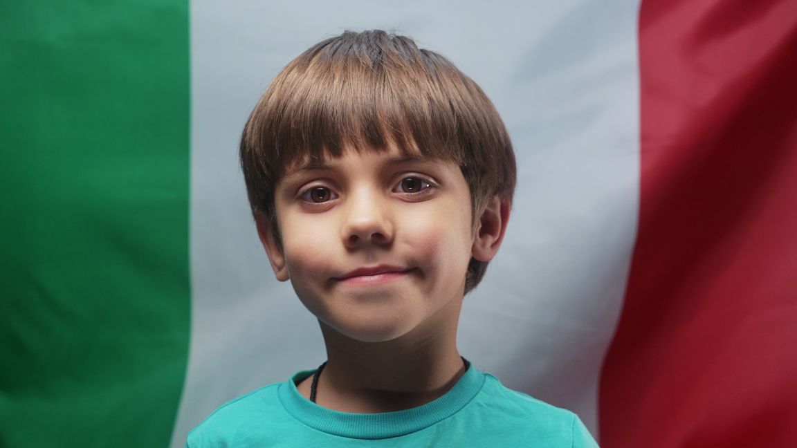 Happy Italian Little Boy Patriot Kid, Italy National Flag Backdrop.