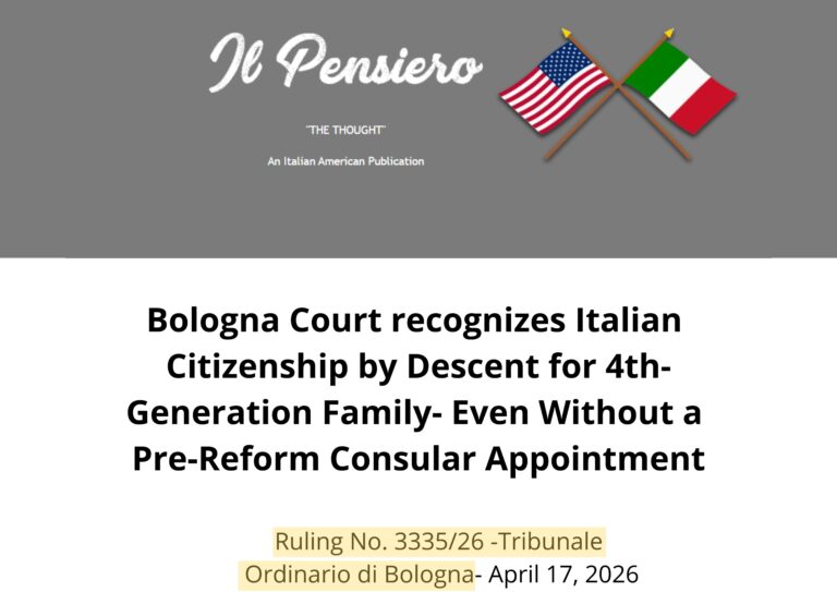 Aprigliano International Law Firm featured in “Il Pensiero”: Bologna Ruling on Italian citizenship by descent reaches the Italian American community