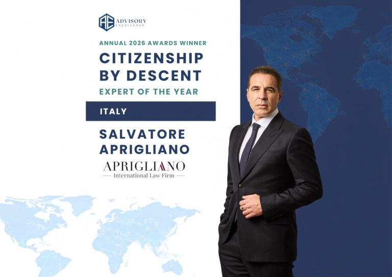 Avv. Salvatore Aprigliano, Aprigliano citizenship by descent award 2026, named Citizenship by Descent Expert of the Year in Italy by Advisory ExcellenceAvv. Salvatore Aprigliano, Aprigliano citizenship by descent award 2026, named Citizenship by Descent Expert of the Year in Italy by Advisory Excellence
