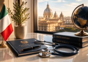 Italian healthcare for AIRE citizens represented by a medical workspace with a stethoscope, Italian flag and documents overlooking an Italian city skyline.