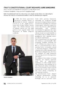 Italian citizenship by descent article by attorney Salvatore Aprigliano published in Segmento magazine, discussing the Constitutional Court’s ruling on jure sanguinis.