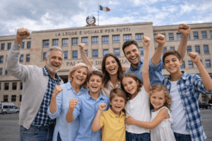 Family celebrating Italian citizenship outside Bologna court Tajani Decree