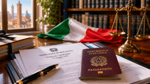 Italian passport resting on legal documents from the Tribunale di Bologna beside a fountain pen and scales of justice, with the Italian flag and law books in the background.