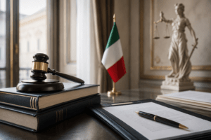 Italian Constitutional Court citizenship by descent – judge’s gavel, legal documents, Italian flag, and Lady Justice statue in an elegant legal setting.