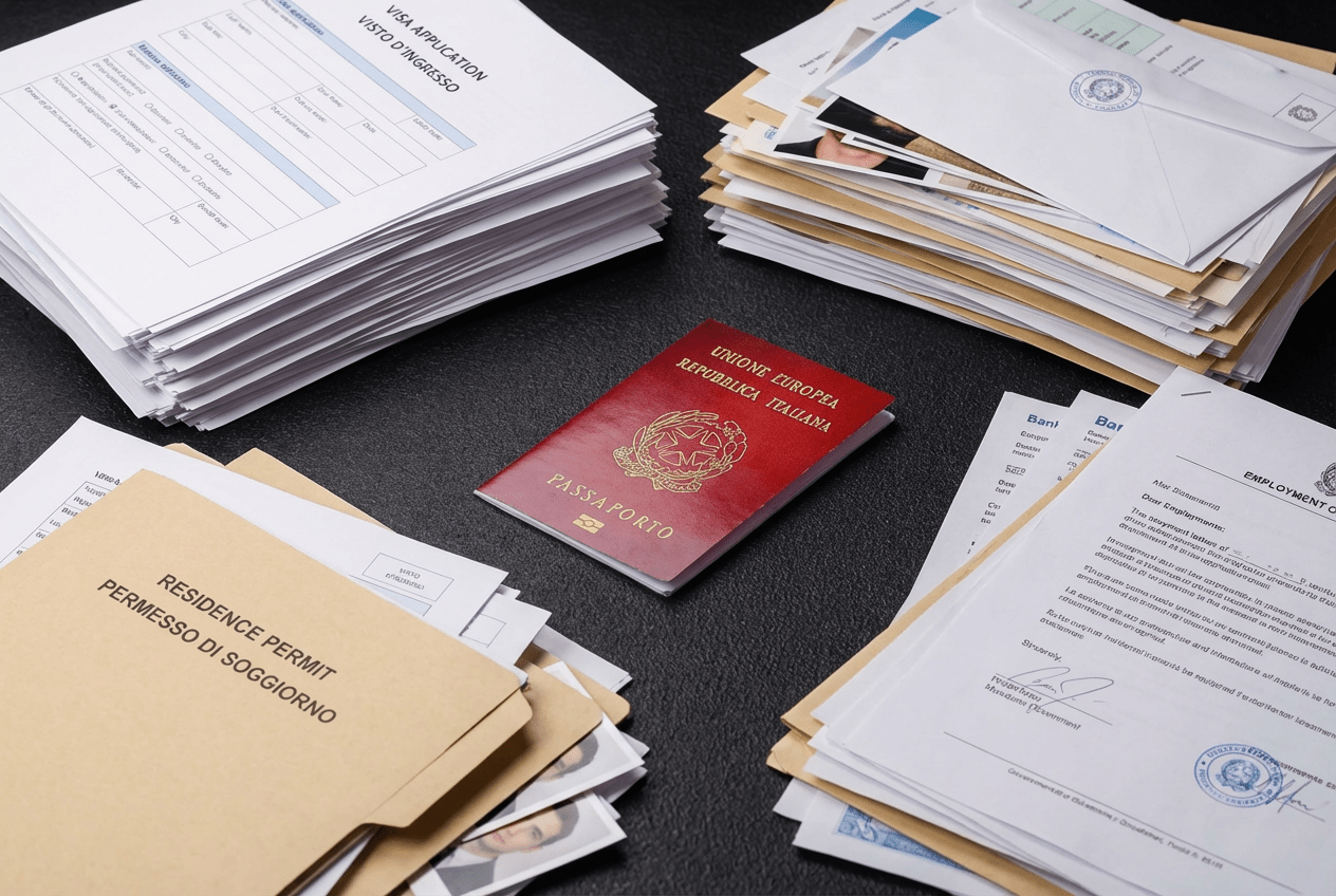 Italian passport placed at the center of multiple stacks of official documents