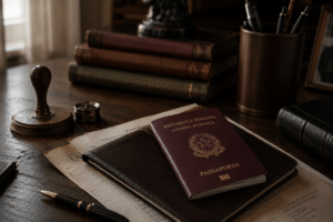 Italian passport on legal documents illustrating the Aprigliano Law Firm Economy Mirror feature on Italian citizenship by descent.