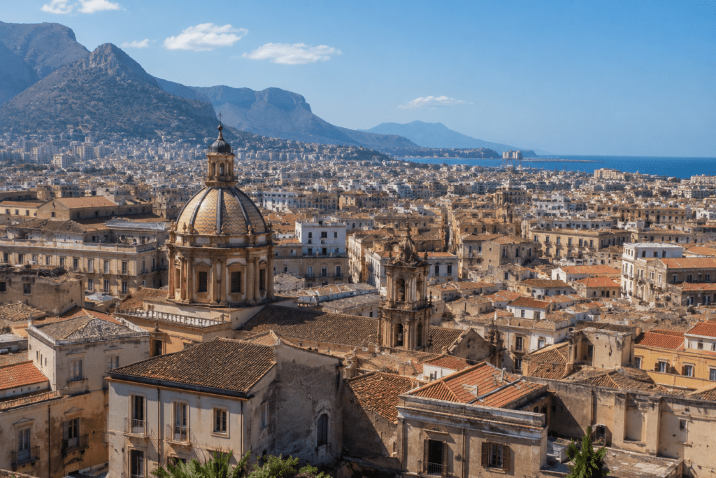 Panoramic view of Palermo's historic city center with its rooftops, domes, and coastline, illustrating an article about the Palermo Court ruling on the Tajani Decree.